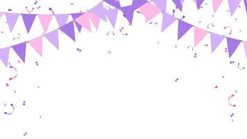 Party surprise decoration with garland hanging flag and confetti pink, purple pastel color vector