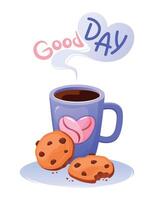 caliente café bebida con galletas. Café exprés, americano en azul taza con corazón. bueno día texto. decorativo diseño para café tiendas, carteles, pancartas, postales dibujos animados ilustración vector