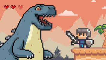 Pixel art style, character in game arcade play. Knight wear armor is holding sword in his hands and monster vector