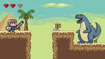 Pixel art Pixel art desert game scene with pyramid palm tree cactuses and monster vector