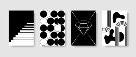 Abstract brutal black and white posters with lines and spots. Set of simple Bauhaus colorless banners on gray background vector