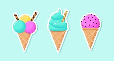 Ice cream sticker set on light background. Colorful cold dessert in cartoon style. Collection of sweet summer food in the waffle cone vector