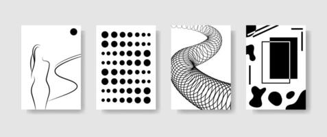 Abstract black and white posters with lines and spots. Collection of simple colorless Bauhaus design banners on gray background vector