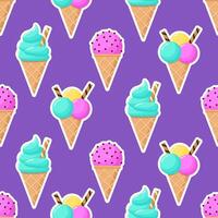 Ice cream seamless pattern. Cartoon colorful frosted cone desserts on purple background vector