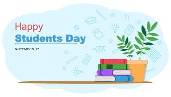 Happy Students Day banner. Stack of books isolated illustration. Academic and school knowledge symbols. Set of flat books variations with shadow vector
