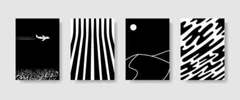 Abstract black and white posters with lines and spots. Set of simple colorless bauhaus banners on gray background vector