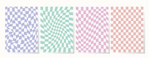 Set of retro backgrounds in pastel colors. Collection groovy checkered pattern in trendy retro y2k style. Vintage aesthetic psychedelic checkerboard texture of the 60-70s. Funky hippie textile print vector
