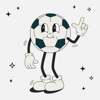 Football ball groovy retro character. Soccer mascot with different emotions and poses. Funny cute comics characters in doodle style. Flat illustration isolated. 60 -70s vibes sticker set. vector