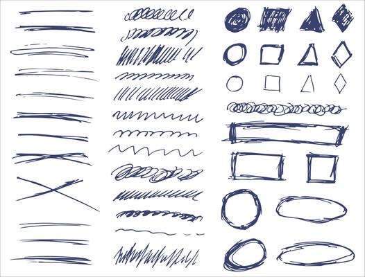 Set of hand-drawn grunge scribble stripes. Doodle lines and shapes. Chalk crayon or pan doodle rouge freehand scratches. Collection of strokes for emphasis, text highlighting, sketchbook