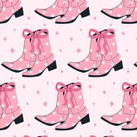 Seamless pattern with coquette pink boots and bows. Gift ribbons in hand drawn and flat styles. Fashionable illustration. Coquette core cute design. Girly western in flat illustration. vector