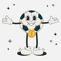 Football ball groovy retro character with medal. Soccer mascot with different emotions and poses. Funny characters in doodle style. Flat illustration isolated. 60 -70s vibes sticker set. vector