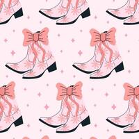 Seamless pattern with coquette pink boots and bows. Gift ribbons in hand drawn and flat styles. Fashionable illustration. Coquette core cute design. Girly western in flat illustration. vector