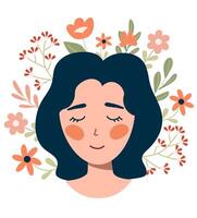 Mental health. Beautiful woman and flowers. illustration Mental health. Healthy mentality and self care illustration. vector