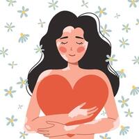 Woman with vitiligo, body positivity, self-love. A woman hugs a big heart. illustration vector