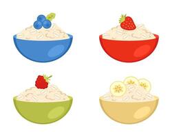 Oatmeal porridge bowls with different flavors collection. Raspberry, strawberry, blueberry and banana set. Perfect print for stickers, poster, menu. vector