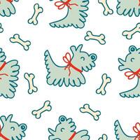 Doodle cute shaggy puppies with bow ribbons and bones seamless pattern. Animal cartoon character print. Perfect for tee, paper, textile and fabric. vector