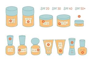 Hand drawn retro style sunscreen cosmetic jars collection. Summer skin care concept. Doodle illustration for decor and design. vector