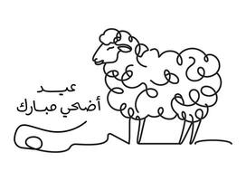 Translation Eid Adha mubarak in Arabic language continous one line drawing editable stroke for a sheep illustration sacrifice eid greeting card vector