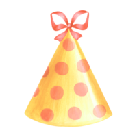 Party hat yellow with bow polka dot. Watercolor hand drawn illustration. Template of festive accessories for birthday and kids party decoration. Isolated clipart for card, invitation, print, sticker. png