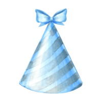 Party hat with bow striped blue. Watercolor hand drawn illustration. Template of festive accessories for birthday and kids party decoration. Isolated clipart for card, invitation, print, scrapbooking. png