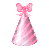 Party hat with bow striped pink. Watercolor hand drawn illustration. Template of festive accessories for birthday and kids party decoration. Isolated clipart for card, invitation, print, scrapbooking. png