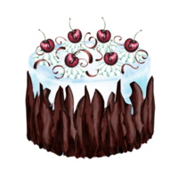 Cake with chocolate, meringue, cherries and candle. Watercolor illustrations for menu and packaging design, window dressing, printing on tableware and textiles, making stickers and embroidery png