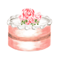 Big cake with white cream, custard and rose flowers. Watercolor illustrations for menu and packaging design, window dressing, printing on tableware and textiles, making stickers and embroidery png