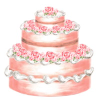 à trois niveaux gâteau avec blanc crème et Rose fleurs. aquarelle des illustrations pour menu et emballage conception, fenêtre pansement, impression sur vaisselle et textile, fabrication autocollants et broderie png