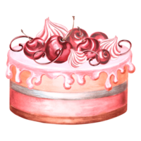 gâteau avec Cerise et Meringue. aquarelle illustration de baies tarte dessert avec glaçage et crème, isolé. main tiré modèle de vacances nourriture pour menu, fenêtre pansement, carte, impression sur emballage. png