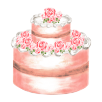 dois níveis bolo com branco creme e rosa flores aguarela ilustrações para cardápio e embalagem projeto, janela vestir, impressão em talheres e têxteis, fazer adesivos e bordado projetos. png