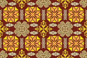 Geometric ethnic floral pixel art embroidery, Aztec style, abstract background design for fabric, clothing, textile, wrapping, decoration, scarf, print, wallpaper, table runner. vector