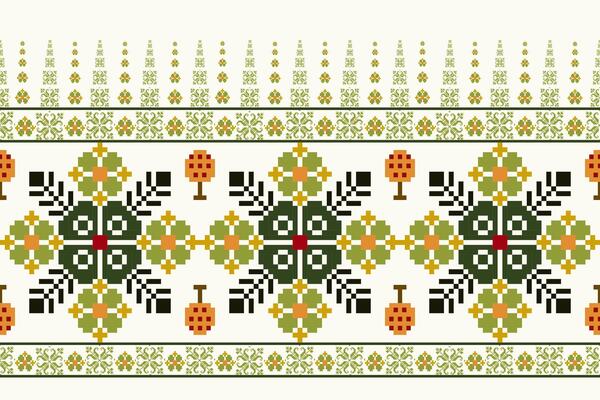 Geometric ethnic floral pixel art embroidery, Aztec style, abstract background design for fabric, clothing, textile, wrapping, decoration, scarf, print, wallpaper, table runner.
