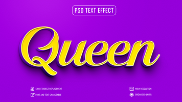 3d queen text effect in yellow on a purple background psd