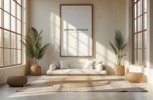 Photo frame mock up in a room decorated with plants psd