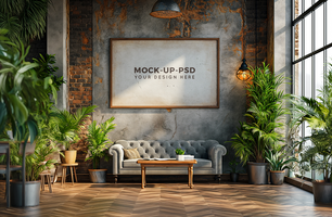 Photo frame mock up in a room decorated with plants psd