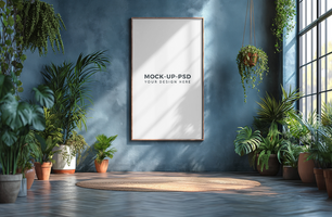 Photo frame mock up in a room decorated with plants psd