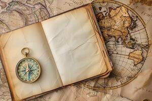 AI generated Vintage glasses and old map on old paper background on table, travel concept photo