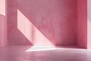 AI generated Empty room with pink walls, concrete floor and sunlight. 3d rendering photo