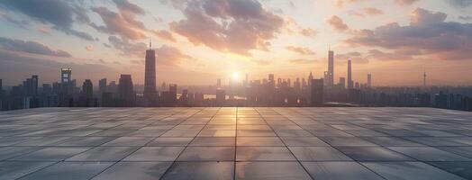 AI generated Empty square floor with city skyline background at sunset. High angle view of empty concrete platform and urban landscape with buildings in the distance. Wide panoramic banner photo