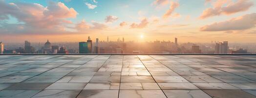 AI generated Empty square floor with city skyline background at sunset. High angle view of empty concrete platform and urban landscape with buildings in the distance. Wide panoramic banner photo