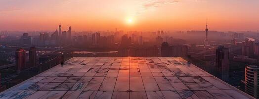 AI generated Empty square floor with city skyline background at sunset. High angle view of empty concrete platform and urban landscape with buildings in the distance. Wide panoramic banner photo