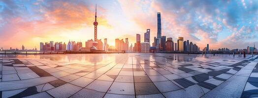 AI generated Empty square floor with city skyline background at sunset. High angle view of empty concrete platform and urban landscape with buildings in the distance. Wide panoramic banner photo