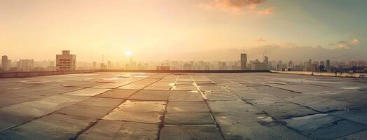 AI generated Empty square floor with city skyline background at sunset. High angle view of empty concrete platform and urban landscape with buildings in the distance. Wide panoramic banner photo