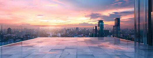 AI generated Empty square floor with city skyline background at sunset. High angle view of empty concrete platform and urban landscape with buildings in the distance. Wide panoramic banner photo