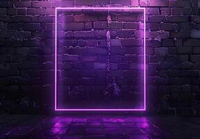 AI generated A neon frame glowing with purple pink light on dark brick wall background, creating an empty space for text or product display. The frame is a rectangle shape for advertising and banner photo