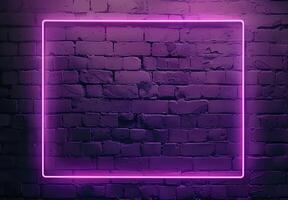 AI generated A neon frame glowing with purple pink light on dark brick wall background, creating an empty space for text or product display. The frame is a rectangle shape for advertising and banner photo