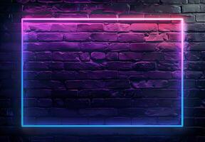 AI generated A neon frame glowing with purple pink light on dark brick wall background, creating an empty space for text or product display. The frame is a rectangle shape for advertising and banner photo