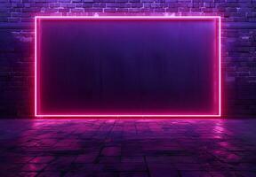 AI generated A neon frame glowing with purple pink light on dark brick wall background, creating an empty space for text or product display. The frame is a rectangle shape for advertising and banner photo