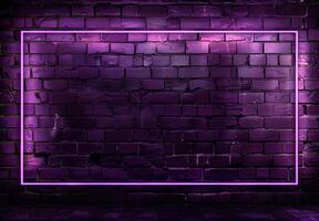 AI generated A neon frame glowing with purple pink light on dark brick wall background, creating an empty space for text or product display. The frame is a rectangle shape for advertising and banner photo