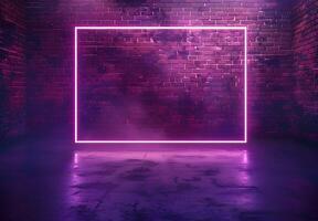 AI generated A neon frame glowing with purple pink light on dark brick wall background, creating an empty space for text or product display. The frame is a rectangle shape for advertising and banner photo